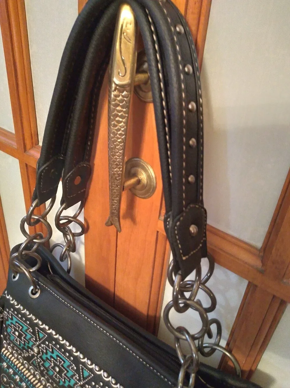 Gorgeous Montana West Black And Teal Studded Western Handbag Aztec Design NWOT